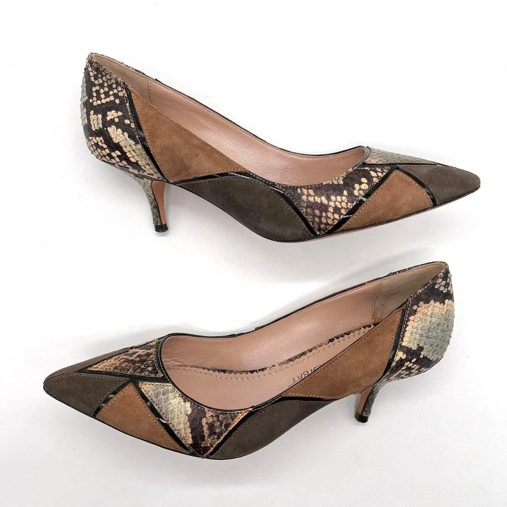 JEAN-MICHEL CAZABAT Pointy Toe Pumps 37 Brown Patchwork Snakeskin Suede Heel